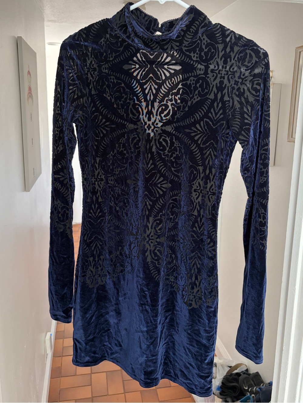 Free People Navy Burnout Velvet Mini Dress Open Back Size Small